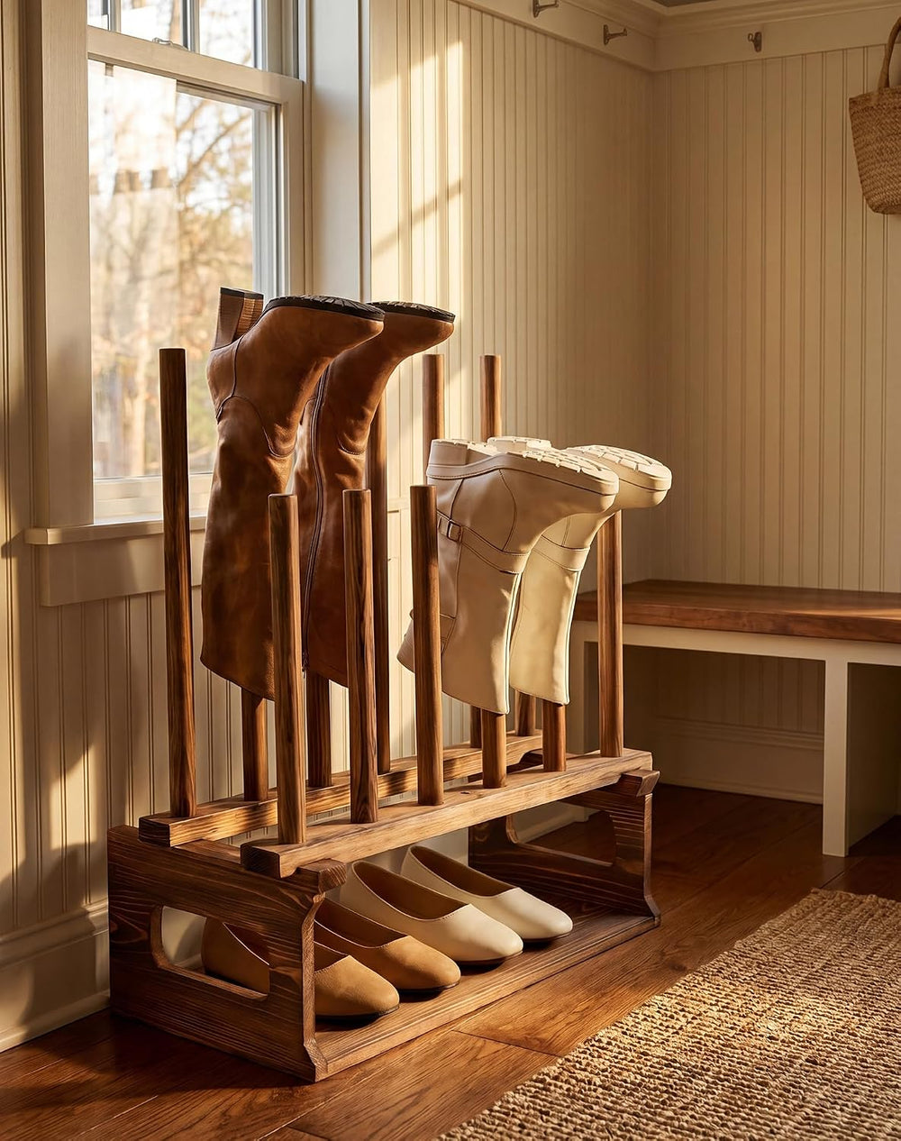 Wooden Boot Rack, 9 Pair Boot Organizer with Lower Shoe Shelf, Vertical Boot ...