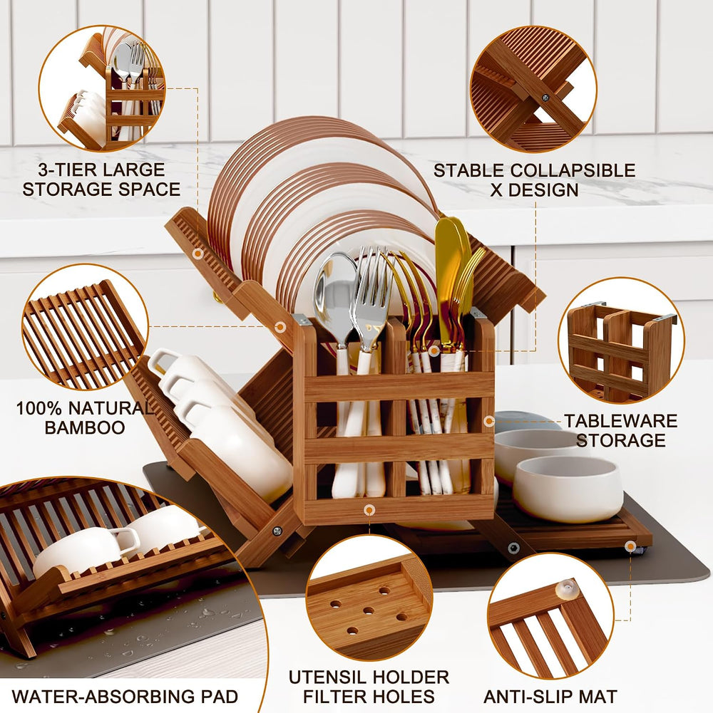 Greenual Teak Dish Drying Rack with Utensil Holder, 3 Tier Collapsible Dish R...