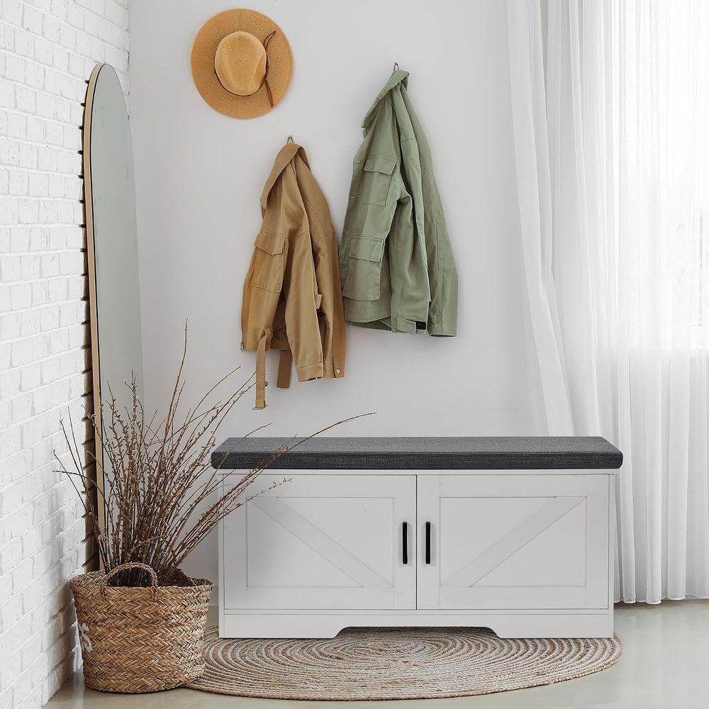 HOMSHO Farmhouse Shoe Storage Bench with 2 Barn Doors & Padded Seat Cushion