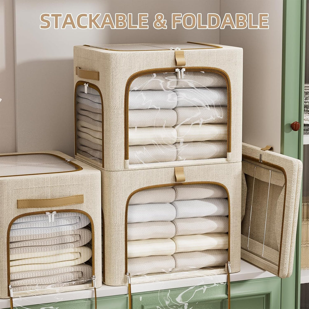 CYhom Clothes Storage Bins with Metal Frame,3 See-Through Windows Openings Cl...