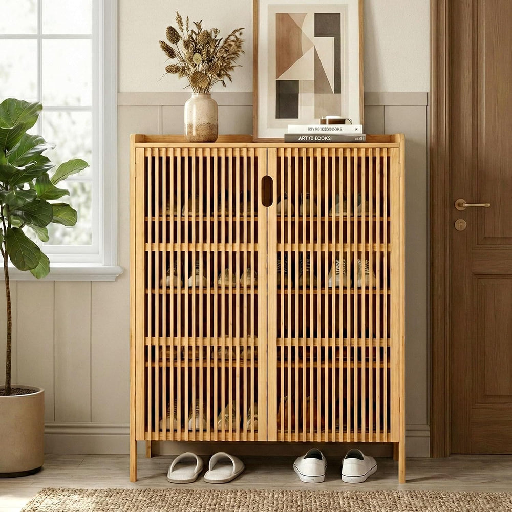 Bamboo Shoe Storage Cabinet for Entryway with Doors, Hidden Shoe Organizer