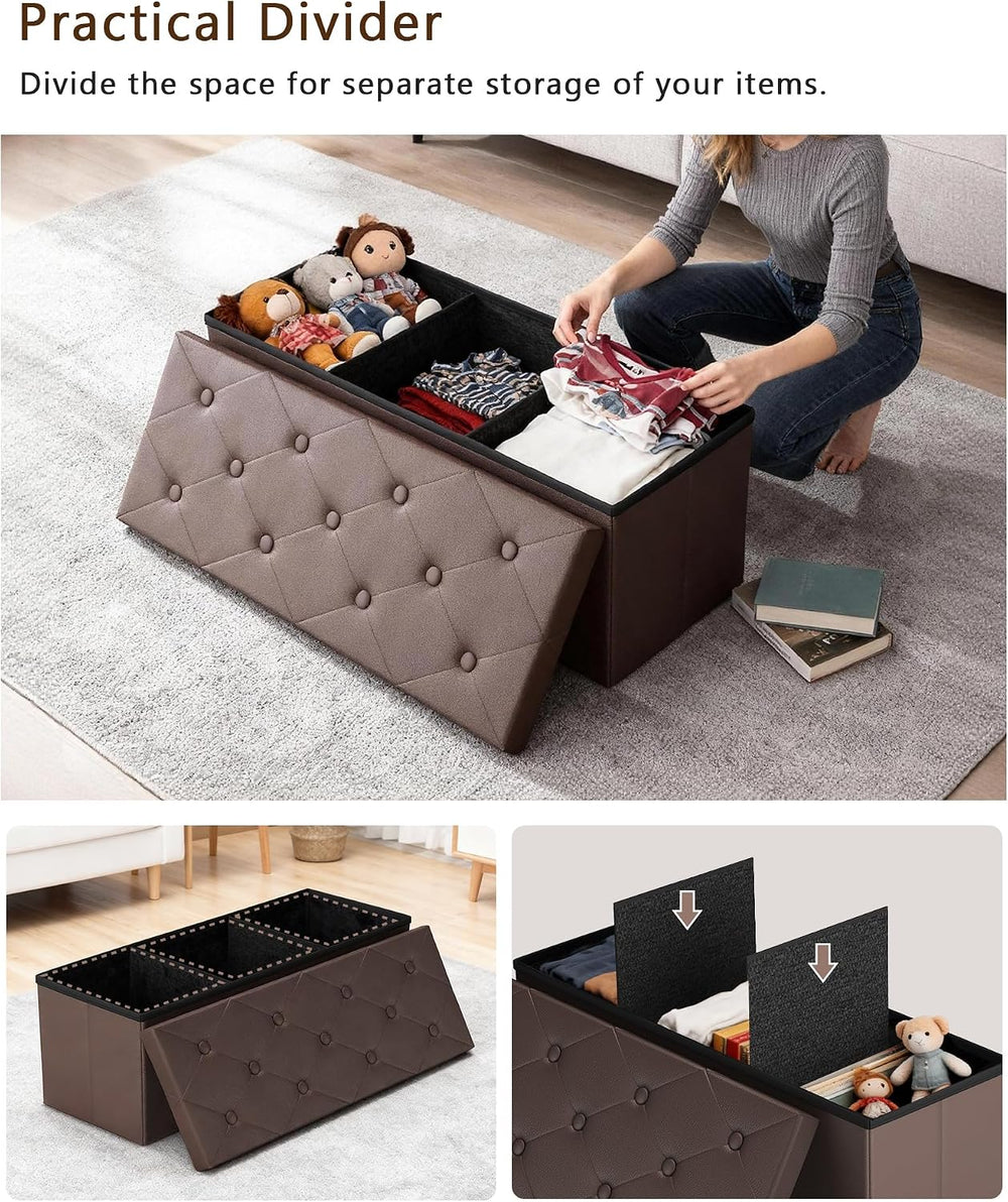 GLAXYFUR 43" Storage Ottoman Bench, Folding Ottoman with 2 Dividers, Brown