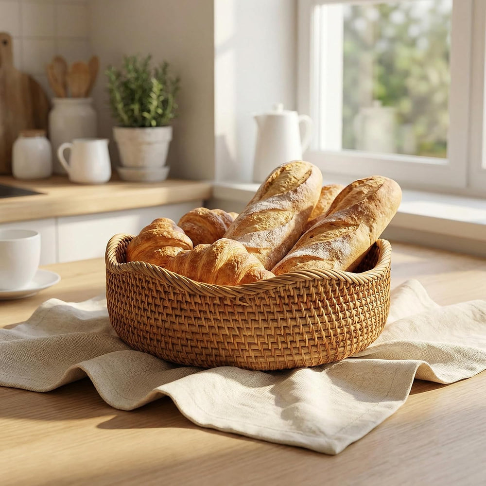 YANGQIHOME Rattan Bread Basket, Round Fruit Baskets, Wicker Storage Bowls, Na...