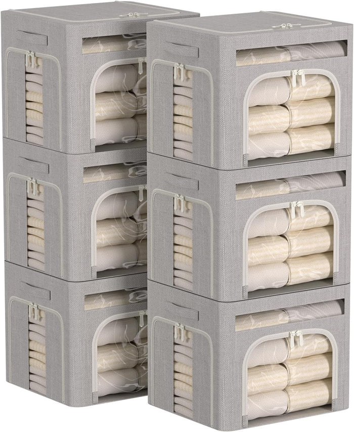 FHSQX 6 Pack Foldable Storage Bins for Clothes Clothes Storage Bins with Metal Frame Stackable Storage Box with Lid (Light Grey, 16.5x12.2x12.2 inch (40L))