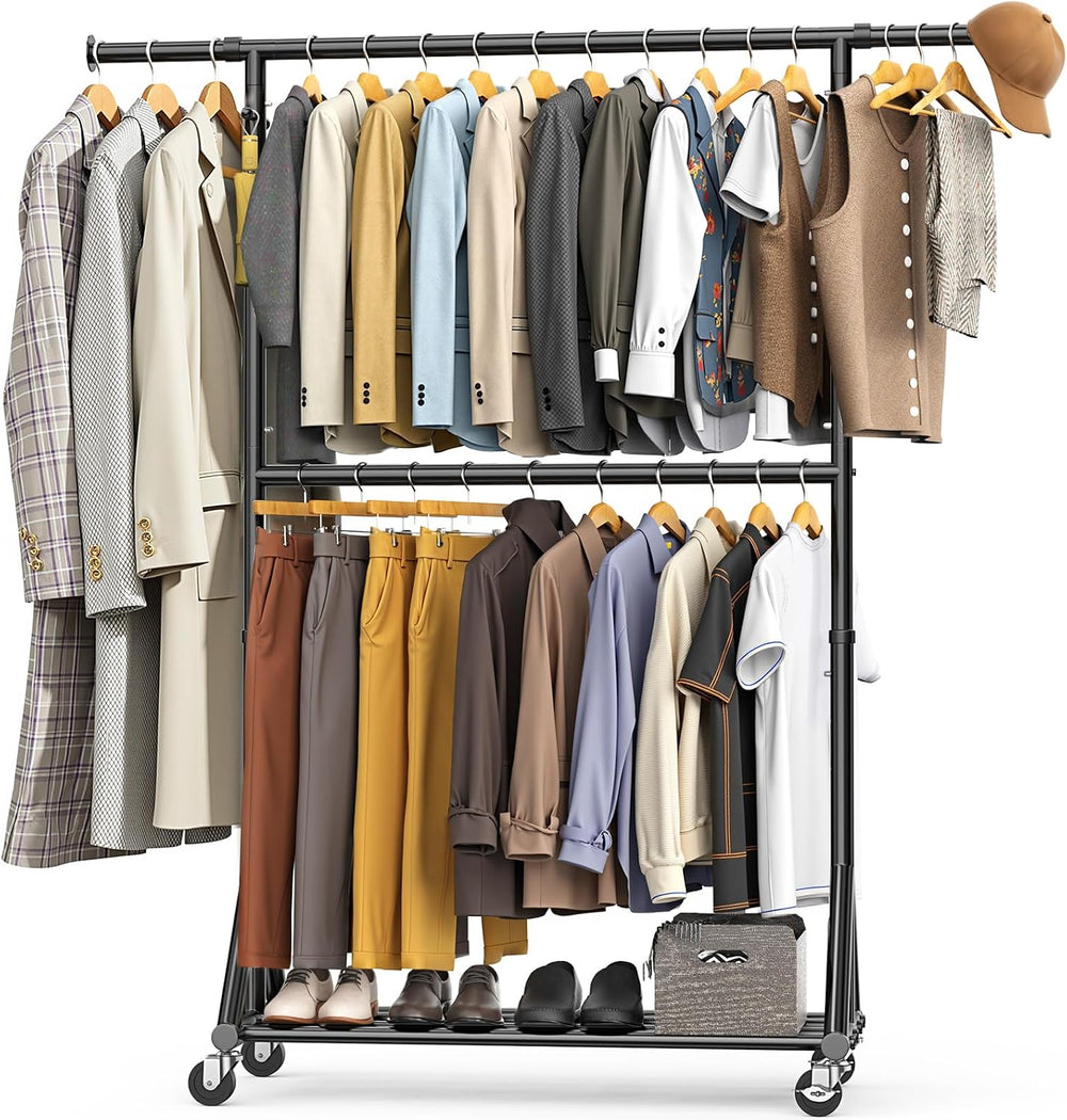 Heavy Duty Clothes Rack Load 760 LBS, Double Tier Rolling Garment Rack with W...