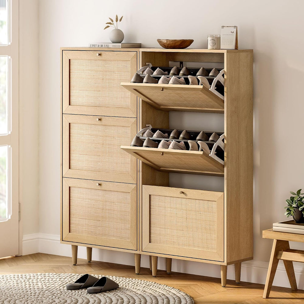 Narrow Shoe Cabinet with 3 Flip Drawers Set of 2 Hidden Freestanding Shoe Rac...