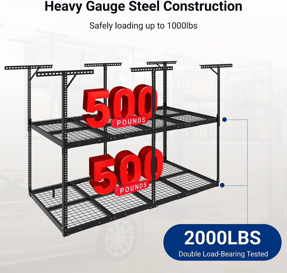 FLEXIMOUNTS 4x8 2-Tier Overhead Ceiling Garage Storage Rack, Black