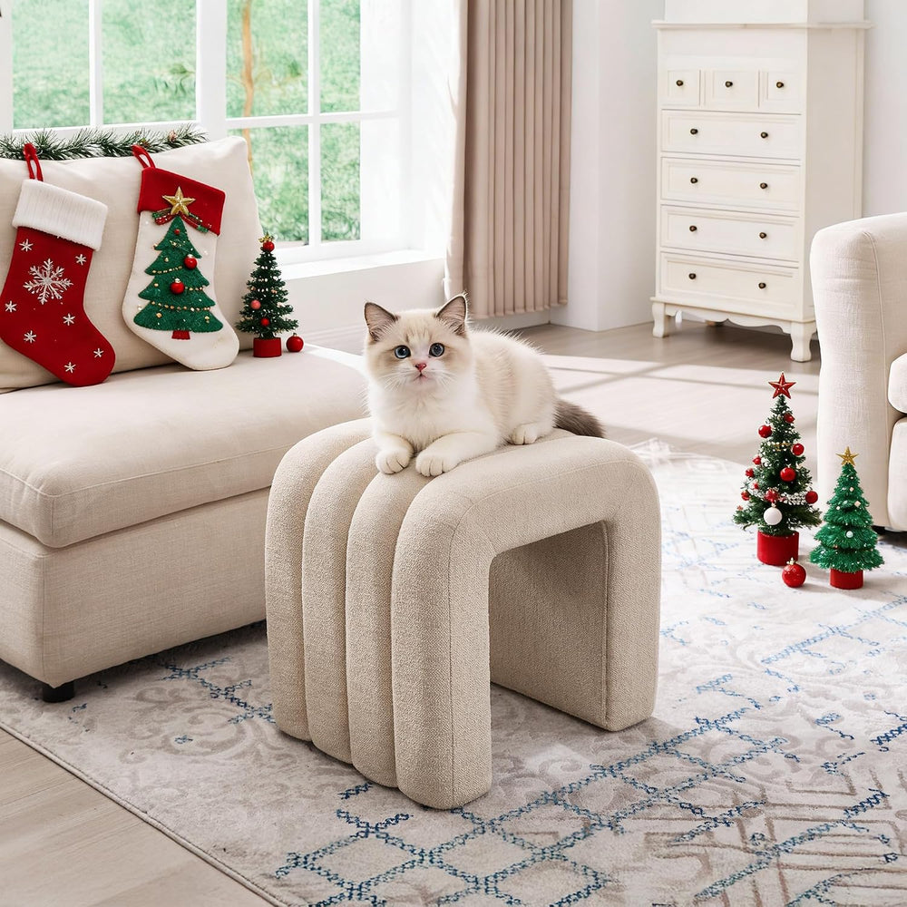 Beige Linen Ottoman Stool, Small Vanity Stool