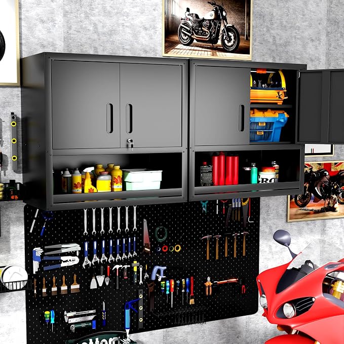 Garage Wall Cabinet with Doors and Shelves, Wall Mounted Metal Storage Cabinet