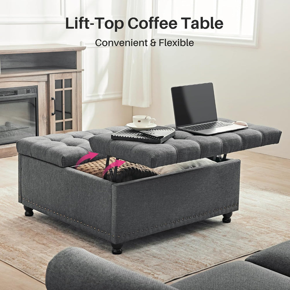 Redlife 35 Inch Large Square Storage Ottoman, Coffee Table Ottoman, Linen