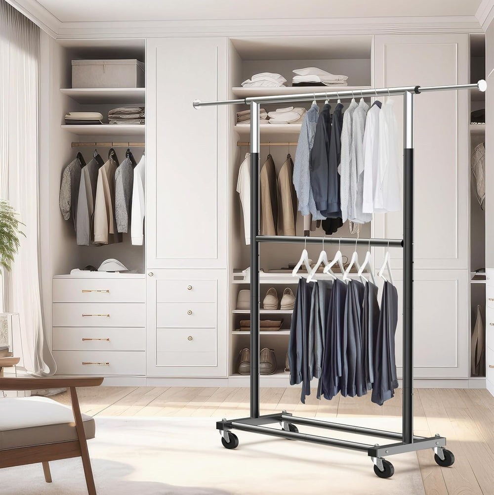Simple Houseware Double Rod Adjustable Clothing Garment Rack, Black