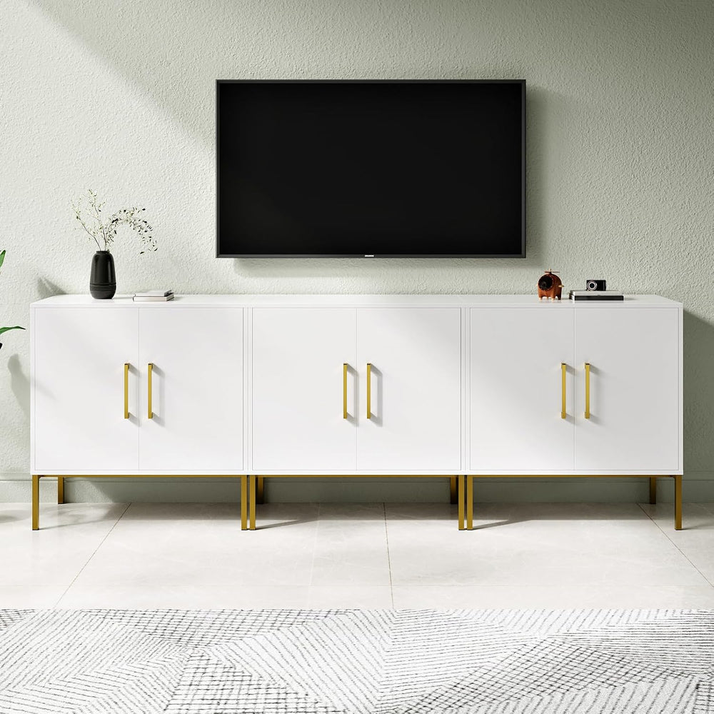 Set of 3 Storage Cabinets with Adjustable Shelf and Gold Handle, White丨Buffet...