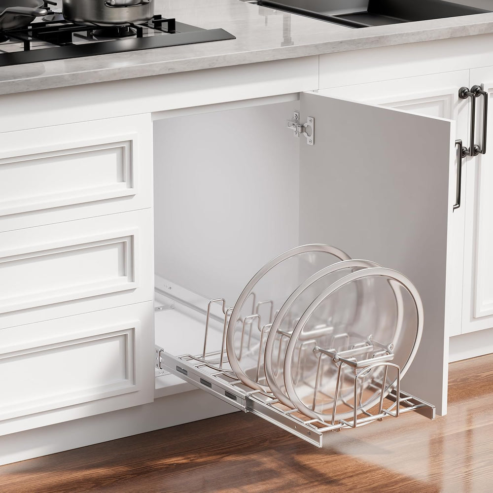 Slide Out Pot Lid Organizer Under Cabinet, Wire Dividers Kitchen Pull Out Pot...