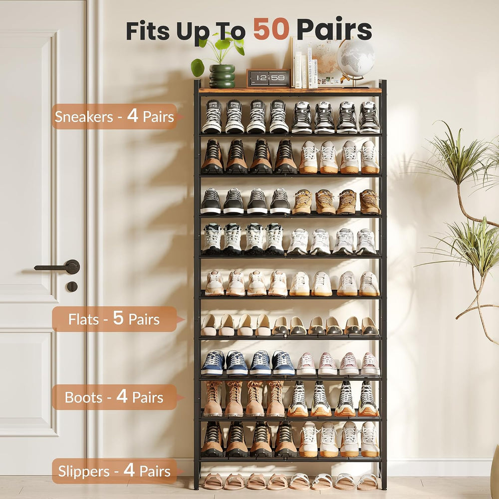 10 Tier Shoe Rack Organizer for 40-50 Pairs, Tall Metal Shoe Storage Shelf wi...