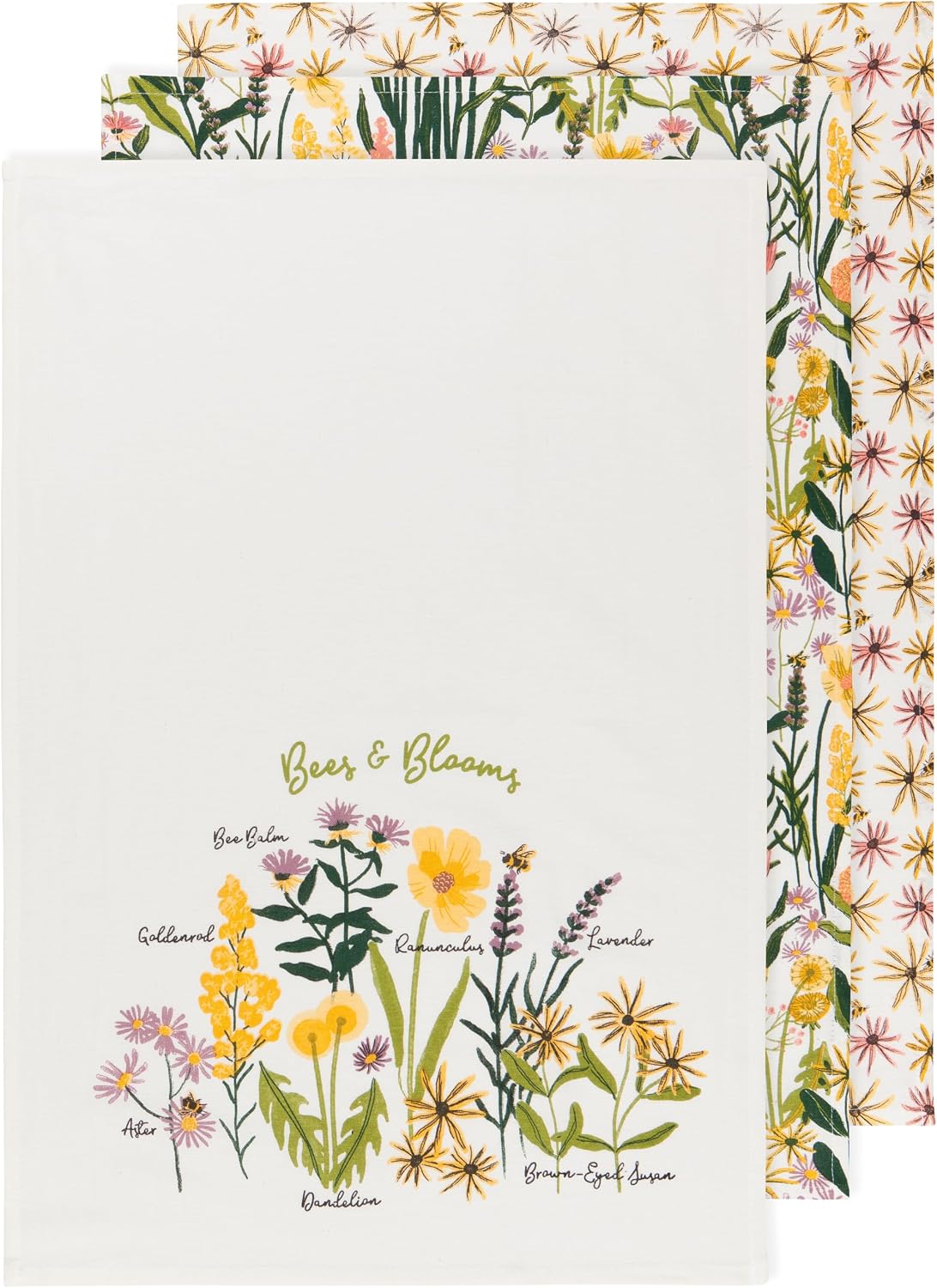 Now Designs Bees & Blooms Bakers Floursack Cotton Dishtowels, Set of 3