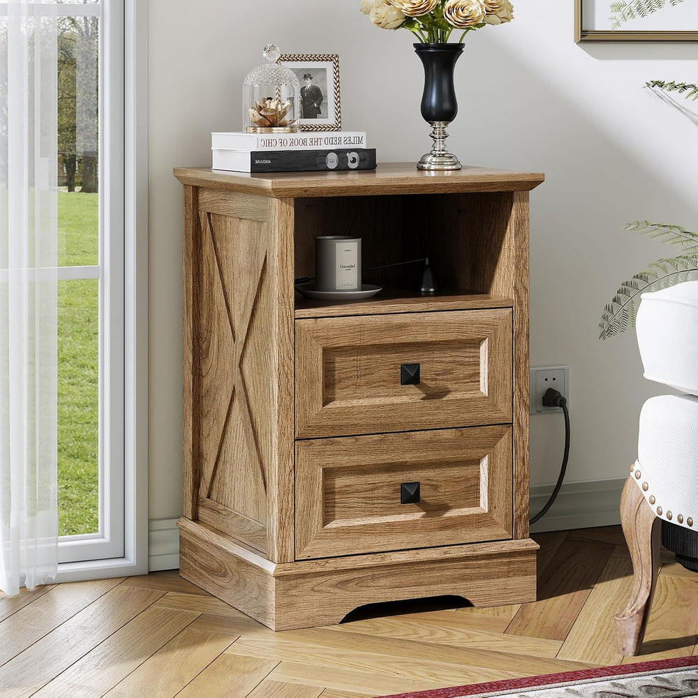 Farmhouse X-Pattern 2 Drawers Dresser,Natural Oak Small Dresser for Bedroom