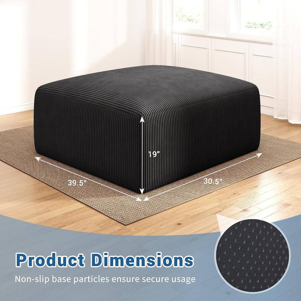 40" Oversized Square Corduroy Ottoman, Large Ottoman Pouf Footstool, Black