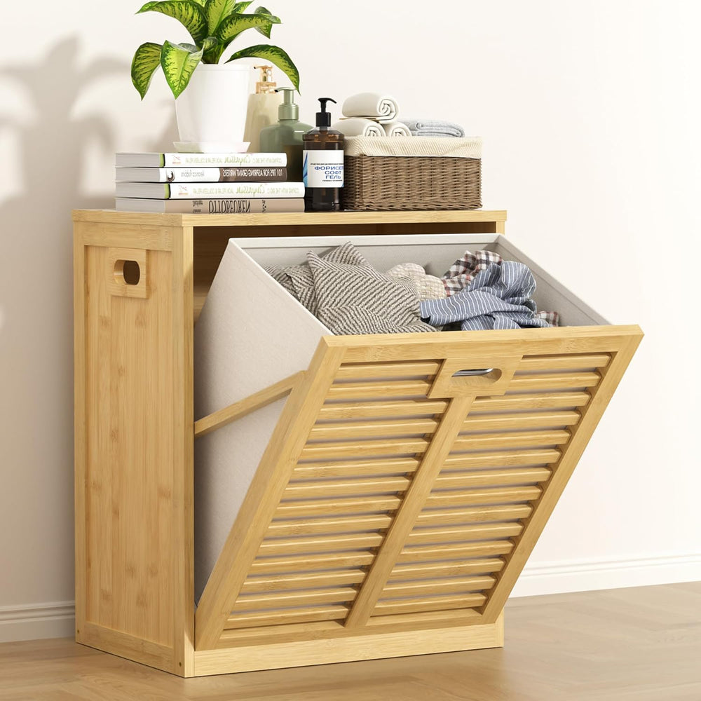 VASMIA Tilt Out Laundry Hamper, Bamboo Laundry Cabinet with Hidden Removable ...