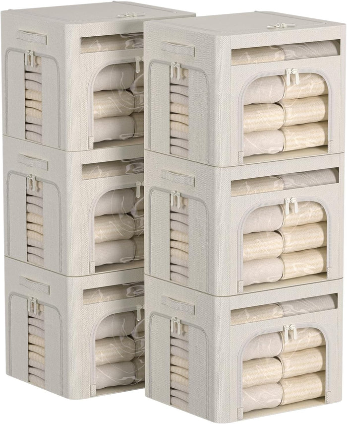 FHSQX 6 Pack Foldable Storage Bins for Clothes Clothes Storage Bins with Metal Frame Stackable Storage Box with Lid (Cream White, 16.5x12.2x12.2 inch (40L))