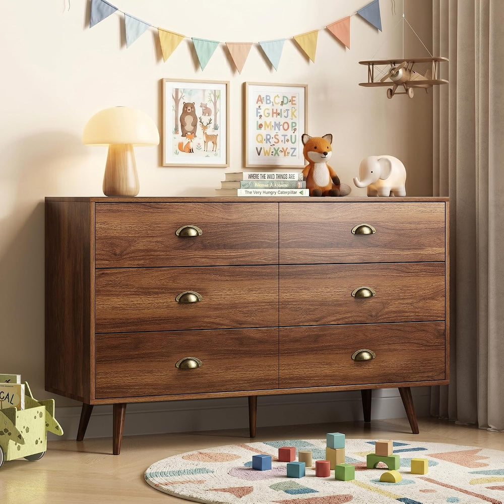 Walnut 6 Drawer Dresser for Bedroom, 47" Wood Dresser with Gold Handles.