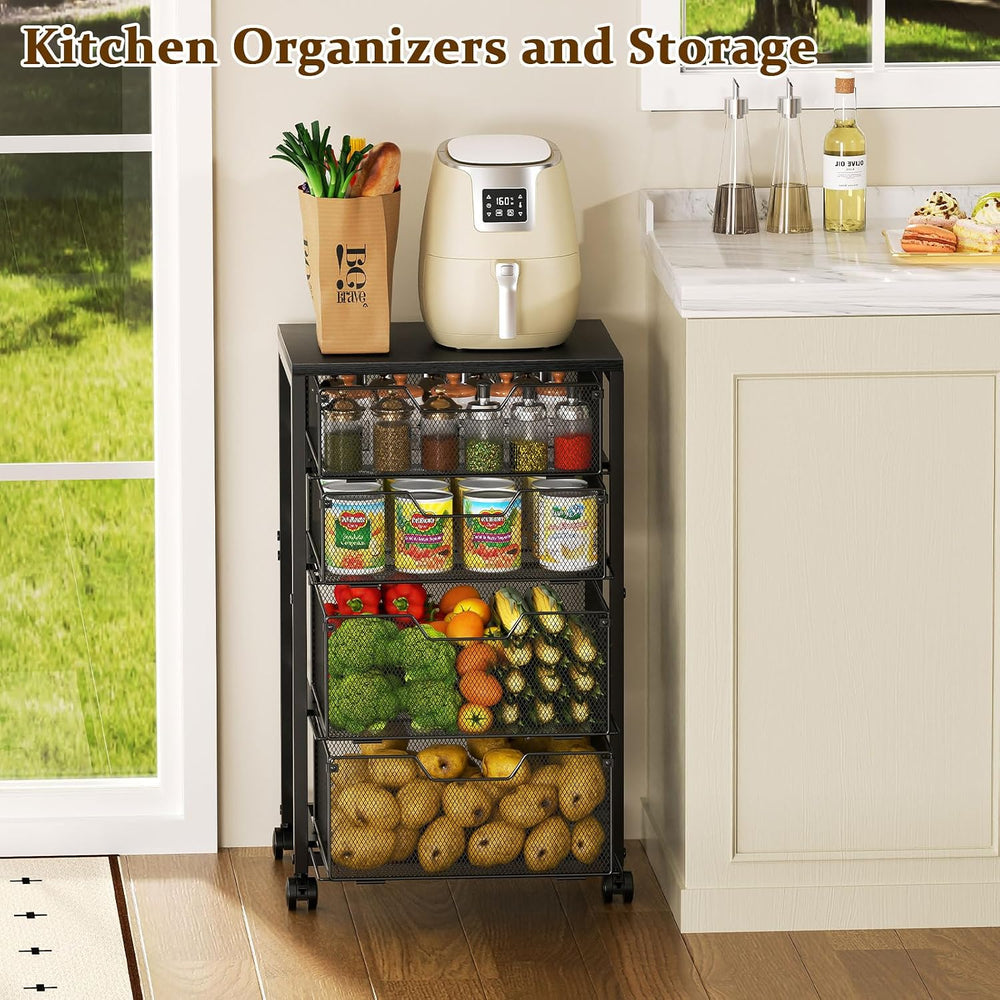 Kitchen Rolling Cart with 4 Storage Drawers, 4-Tier Fruit Vegetable Storage C...