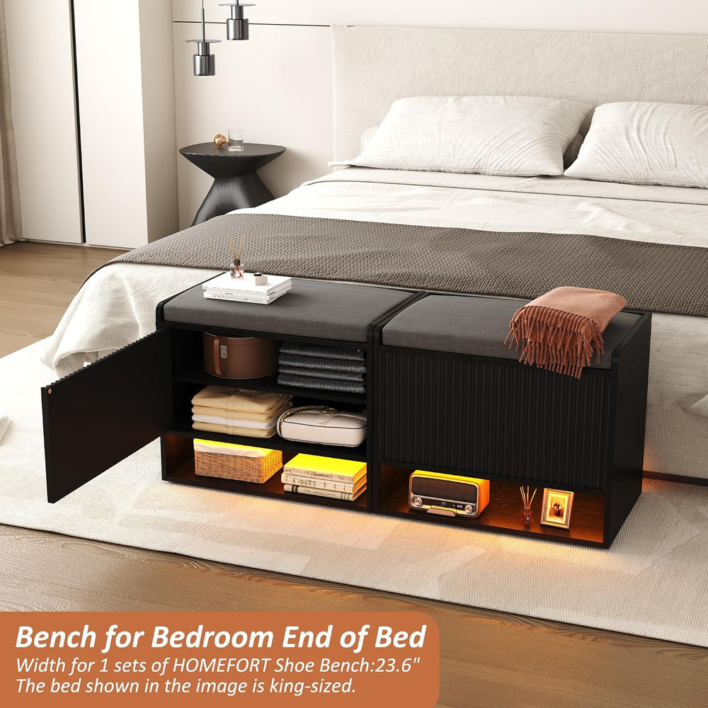 HOMEFORT 23.6" Fluted Shoe Storage Bench, Small Entryway Bench with Line...