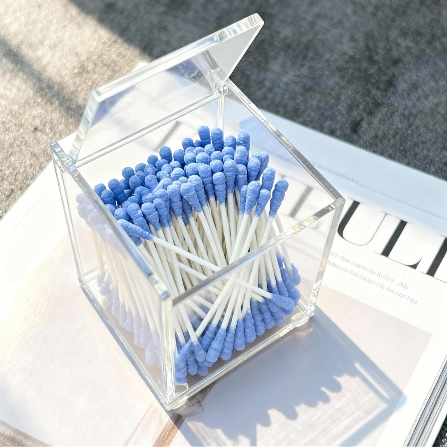 Clear Acrylic Qtip Holder with Lid, Cotton Balls Swab Organizer | 2.95" x 2.56" x 3.94" Dispenser for Makeup Pad, Floss Picks, Bath Salts, Cosmetic Storage Case, Home Bathroom Decor