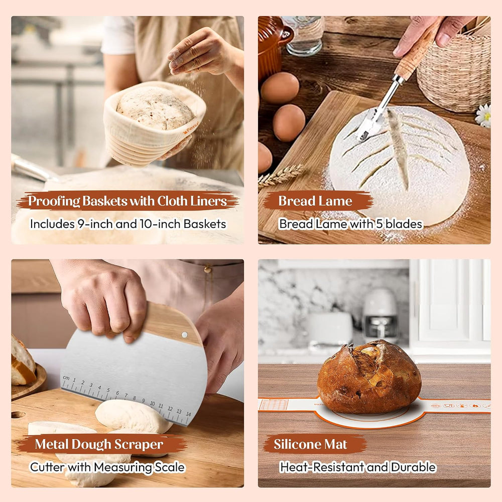 Sourdough Starter Kit with 9” Round & 10” Oval Banneton Bread Proofing Ba...