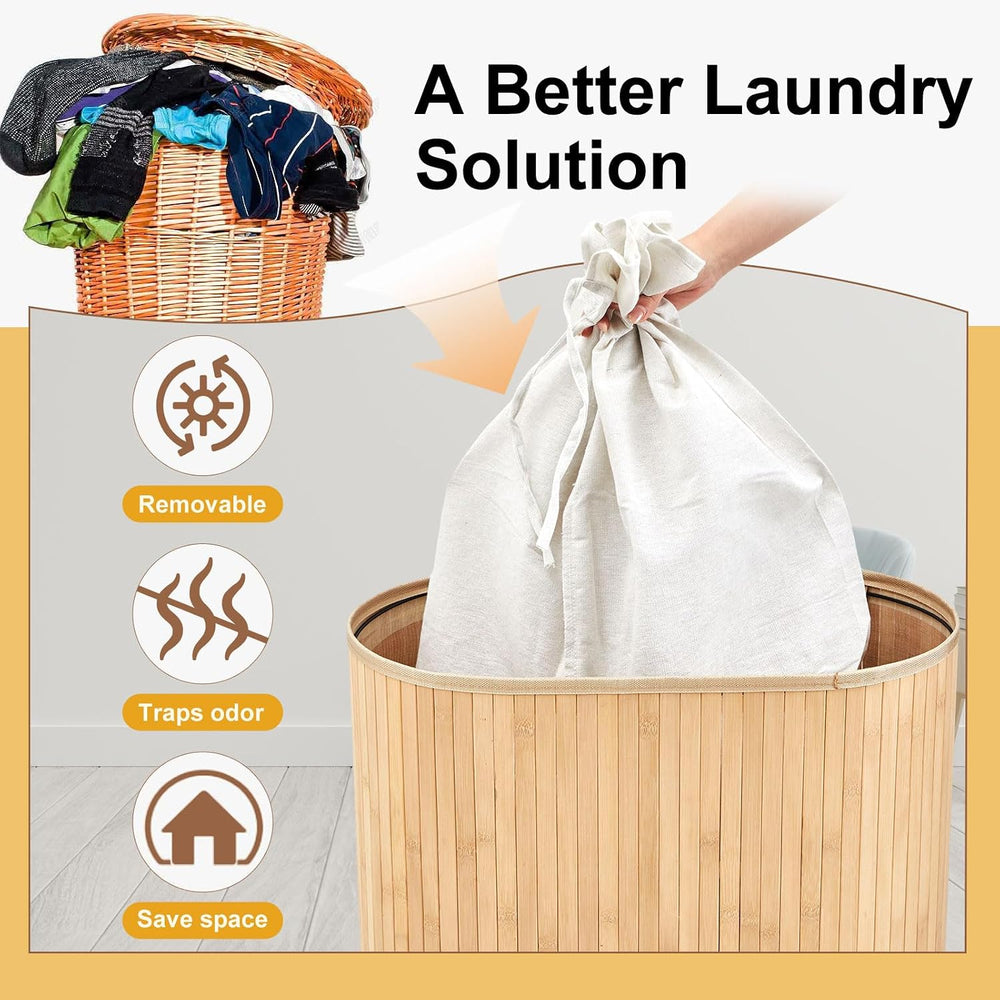 Gueevin Oval Bamboo Laundry Hamper with Lid, Carbon, 24 x 23 x 13 Inch