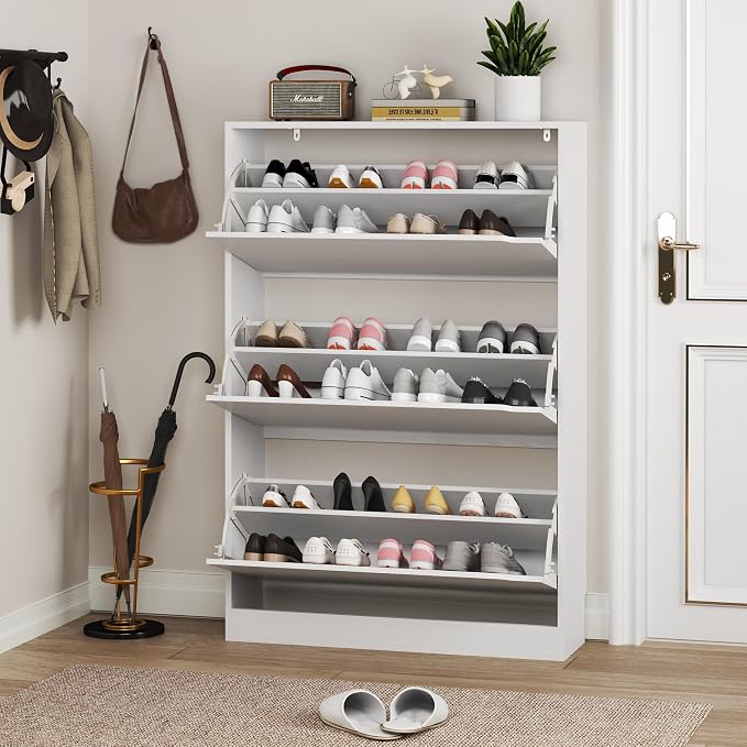 Shoe Cabinet with 3 Flip Drawers, Hidden Wood Shoe Cabinet, Freestanding Shoe - Image 7
