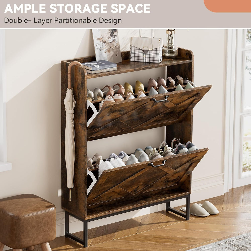 Nicetree Shoe Storage Cabinet with 2 Flip Drawers, Freestanding Wood Shoe Org...