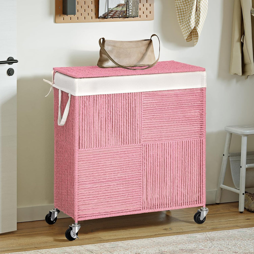WOWLIVE Double Laundry Hamper with Wheels, Handwoven Rolling Laundry Basket