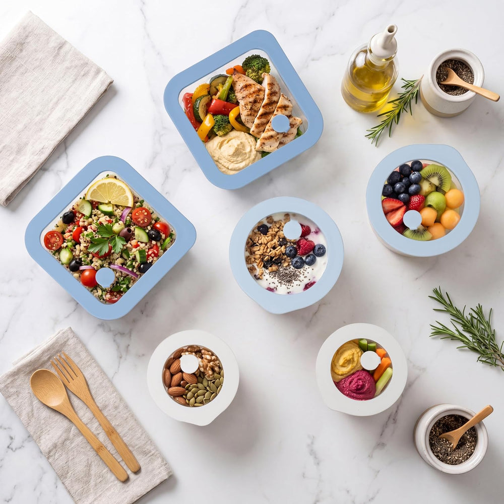 Urban Green Glass Food Container Set with Silicone Glass Lid, Square & Ro...