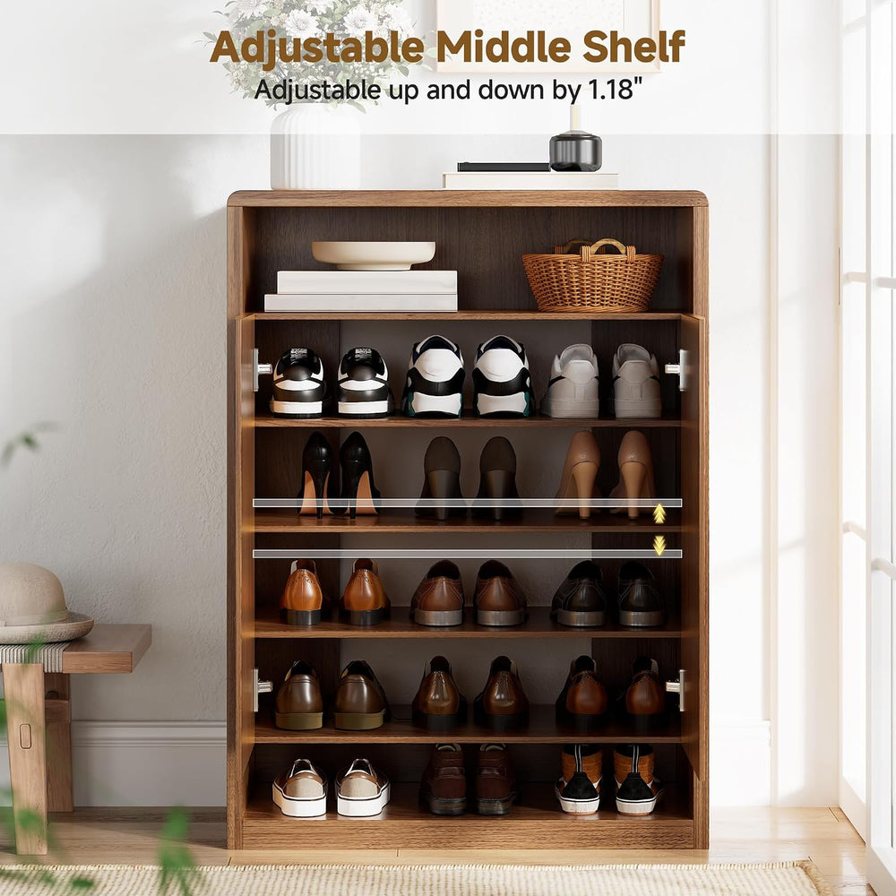 6-Tier Shoe Cabinet with 2 Doors, 47.2" Tall Walnut Shoe Storage Cabinet