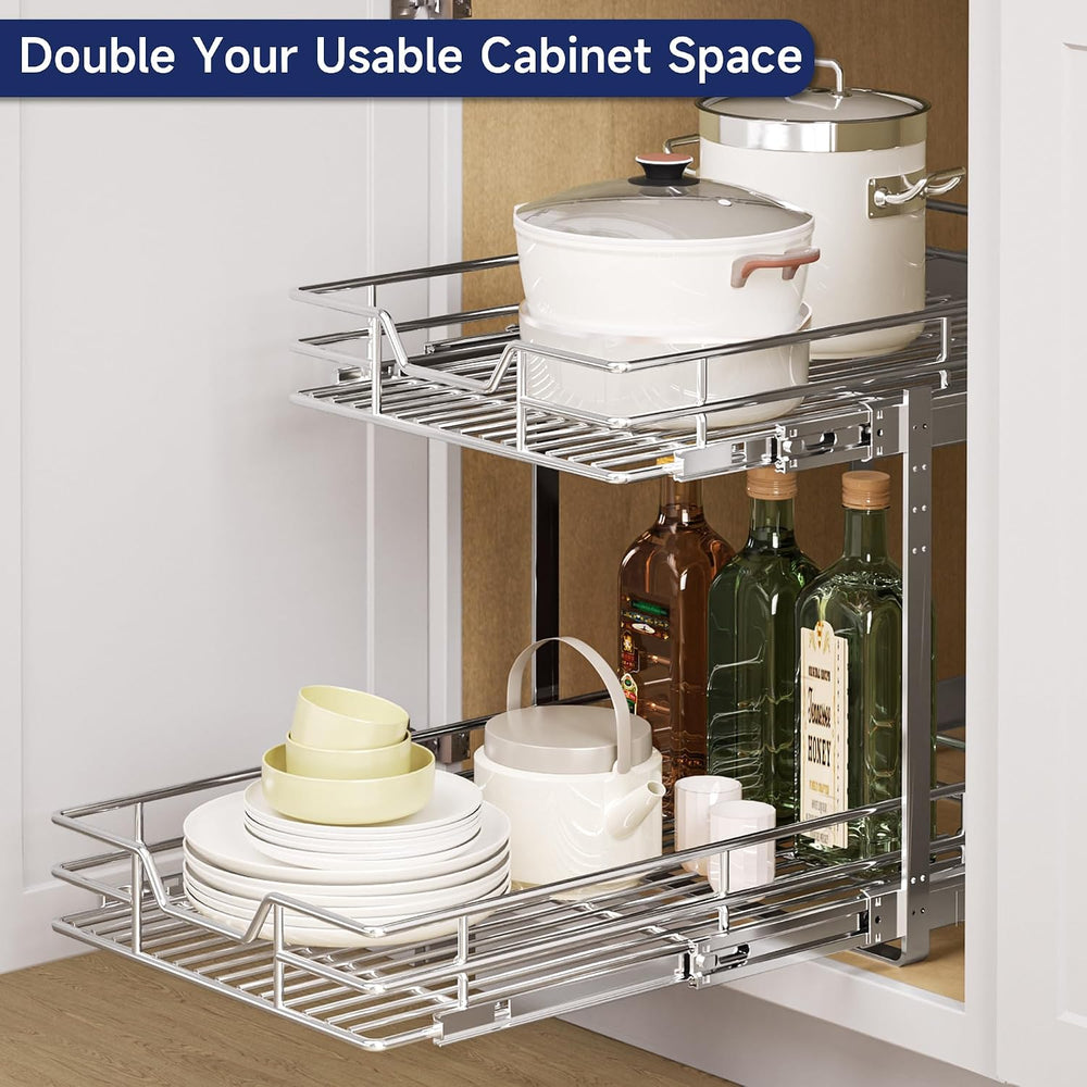 2-Tier Pull Out Cabinet Organizer, 13.5" W x 21.5" D, Heavy Duty Du...
