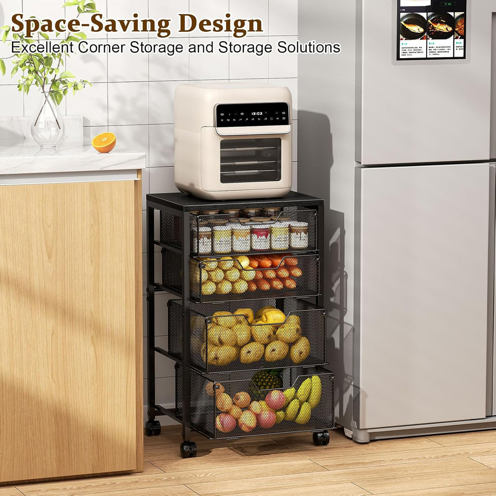 Kitchen Rolling Cart with 4 Storage Drawers, 4-Tier Fruit Vegetable Storage C...