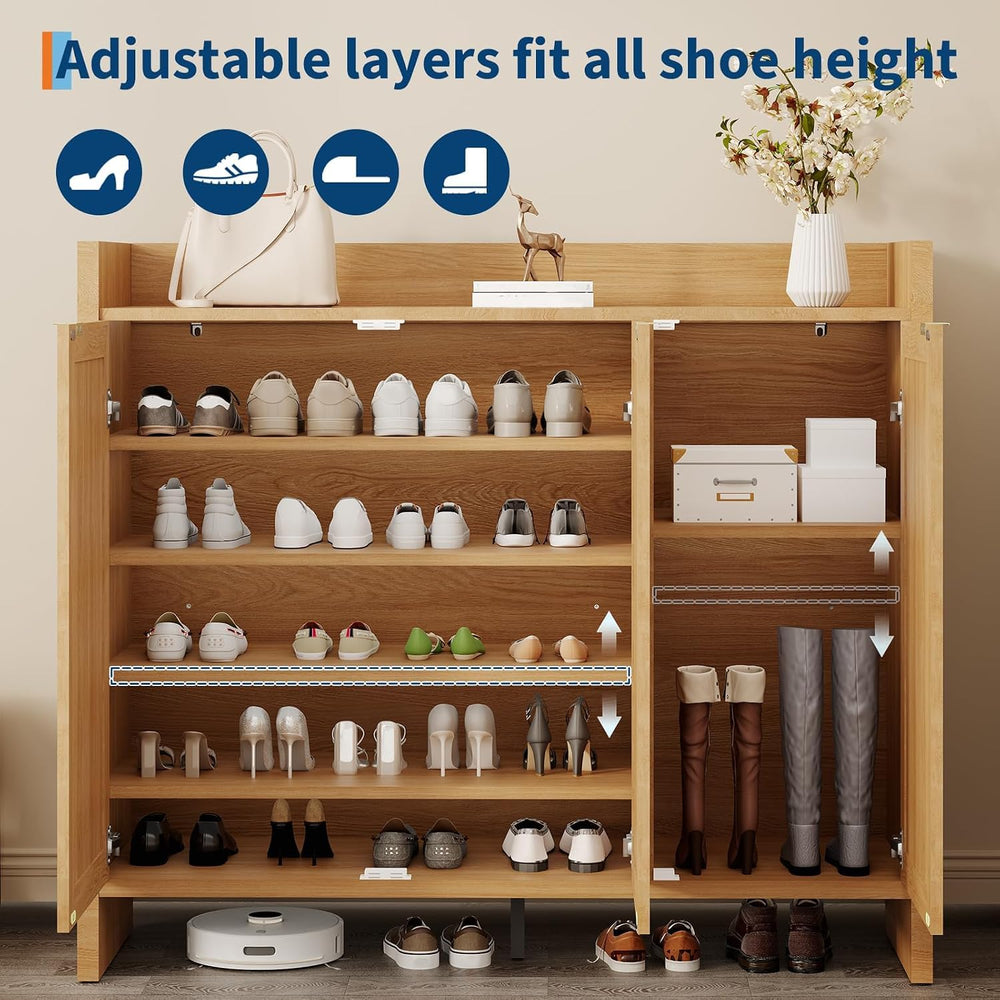 6-Tier 41" Tall Rattan Shoe Storage Cabinet with 3 Doors and Adjustable ...