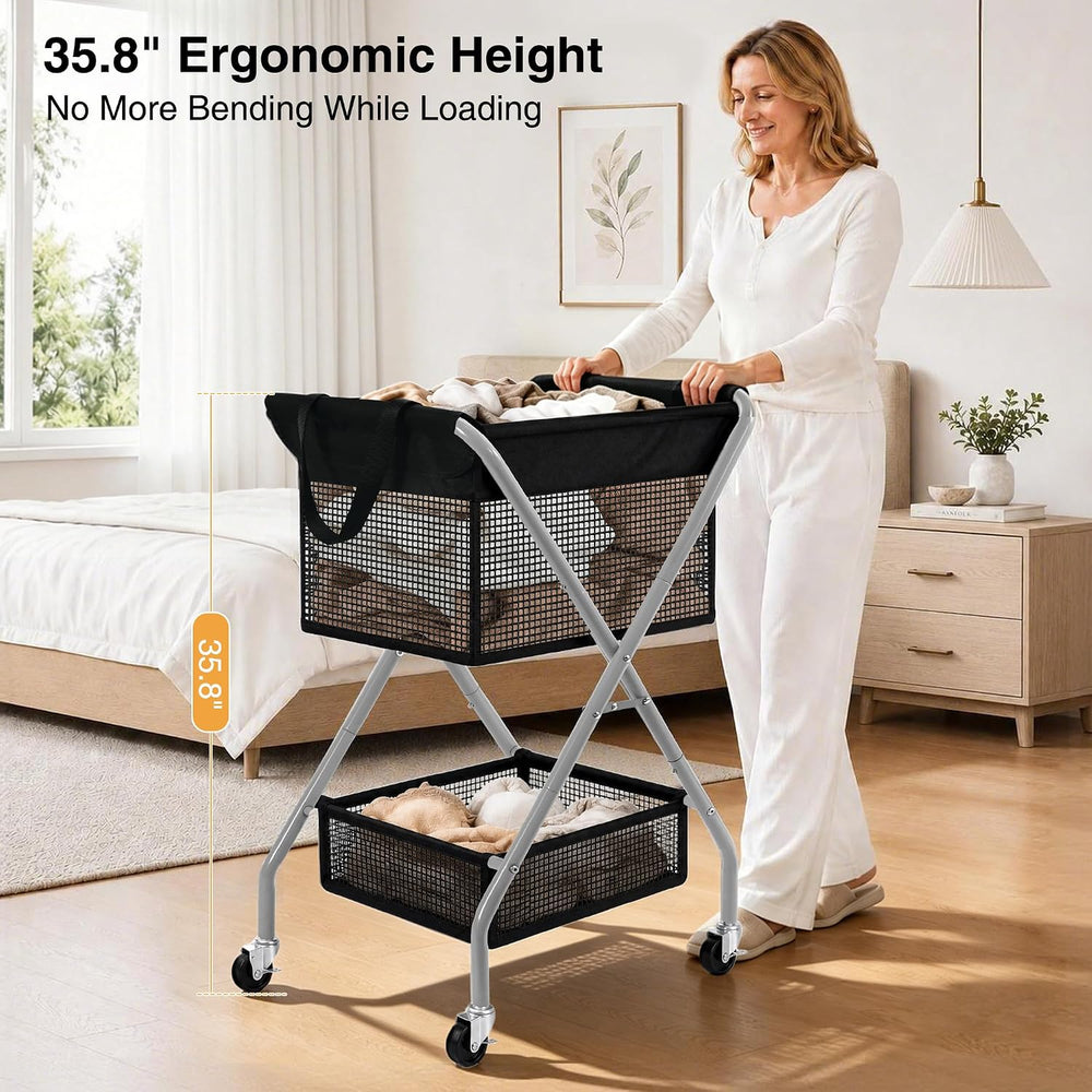 STO STO 2-Tier Foldable Laundry Cart with Wheels, 75L Tall Rolling Laundry Ha...