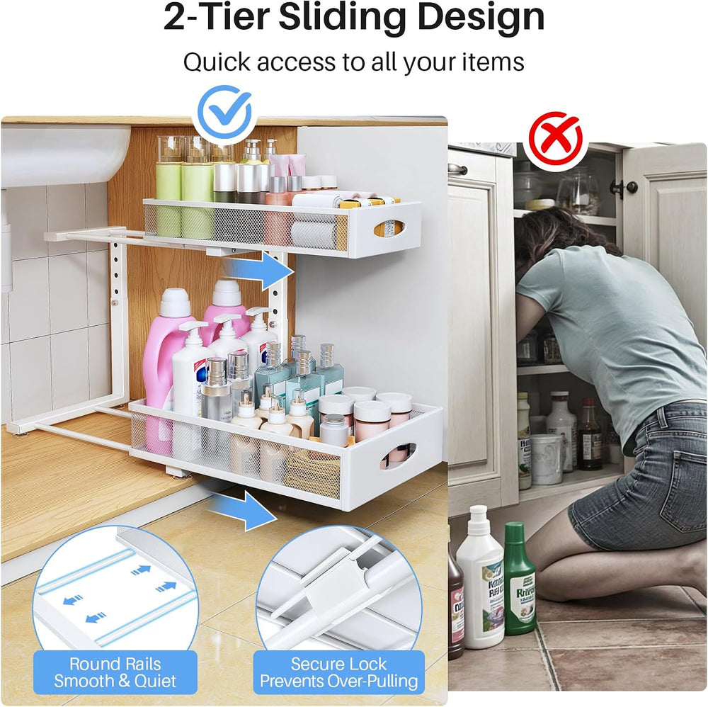 Under Sink Organizer, 2 Pack 2 Tier Pull Out Under Cabinet Organizer Shelf wi...
