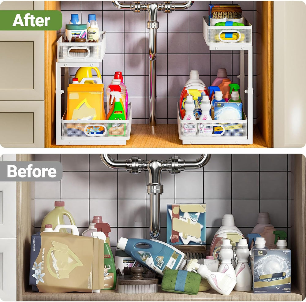 Under Sink Organizer 2-Pack, Metal 2-Tier Pull-Out Cabinet Shelf with Slide-O...