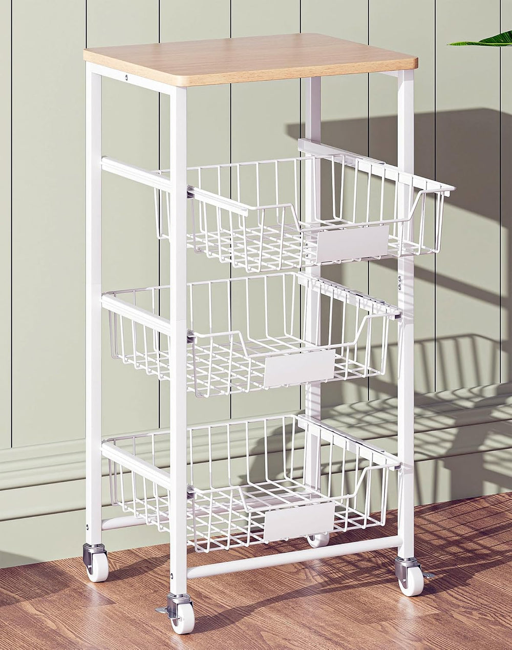 OKZEST 4-Tier Kitchen Storage Cart with 3 Upgraded Drawer Basket & Wood Top