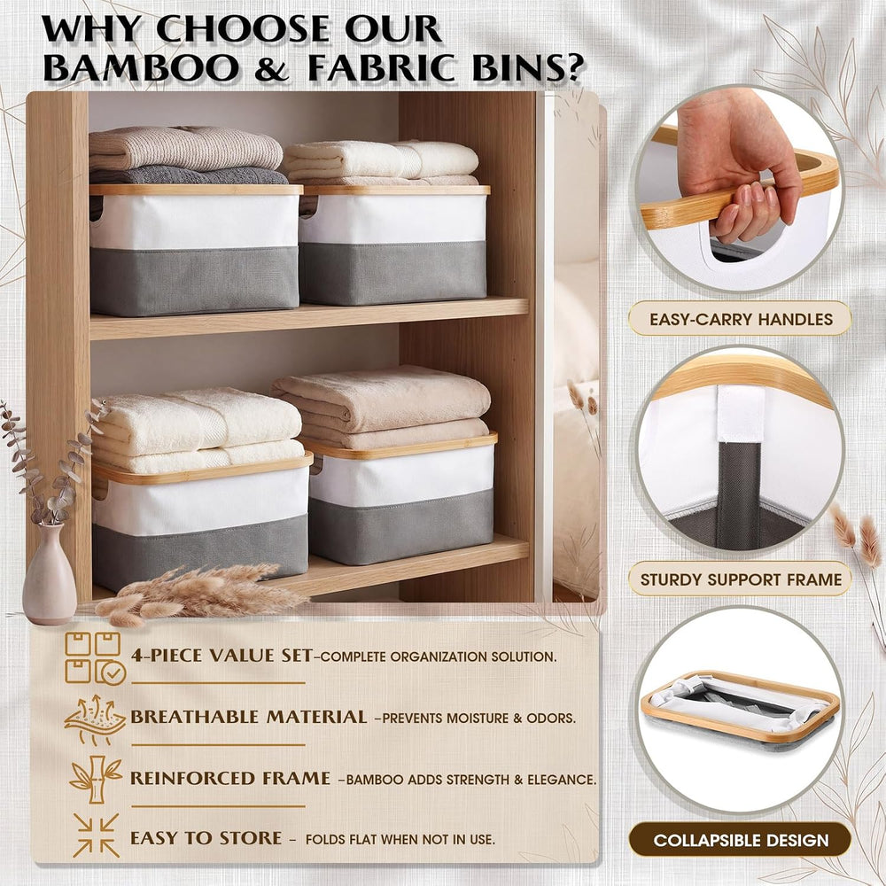 Hushee 4 Pack Bamboo Fabric Storage Bins for Shelves, 15"x10"x7.9&q...