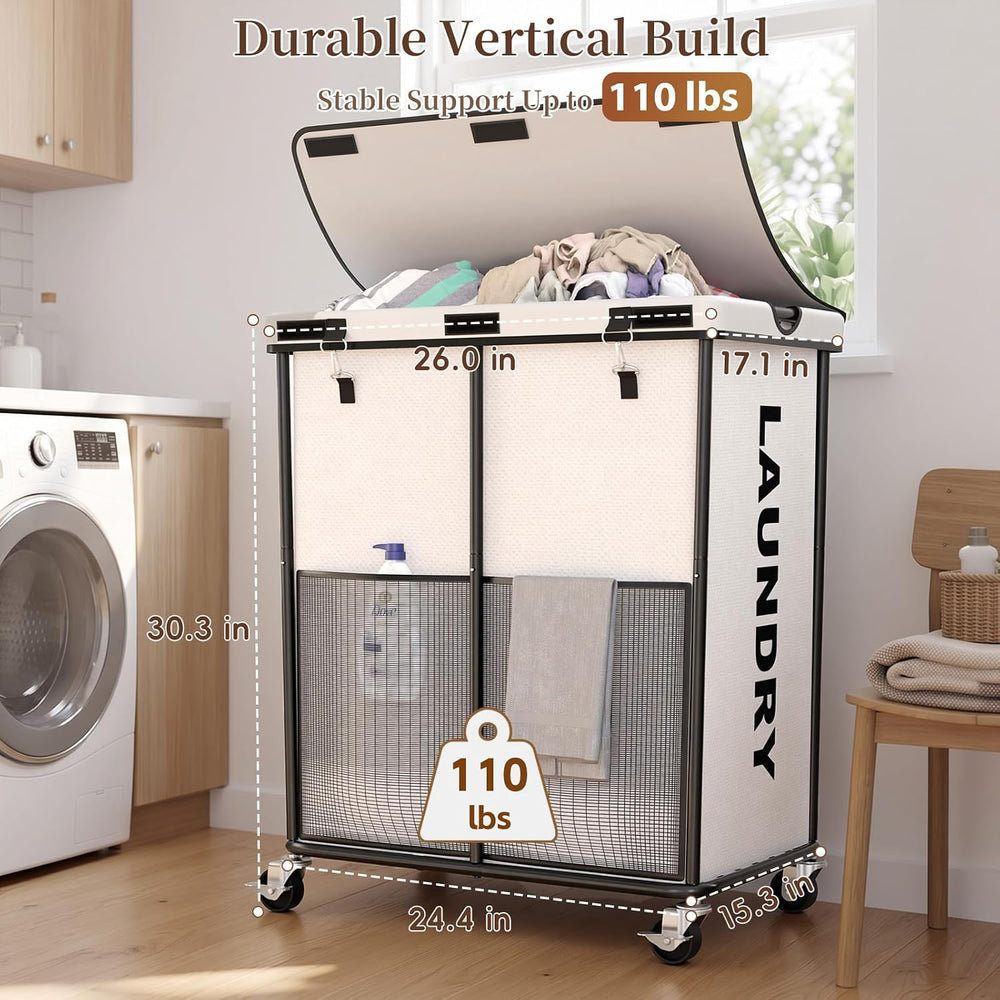 Laundry Hamper with Wheels and Lid, 225L Large Rolling Laundry Basket White