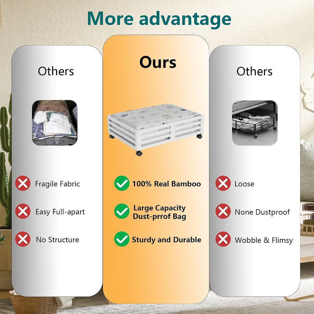 Bamboo Under Bed Storage with Wheels Rolling Underbed Drawer with Lids