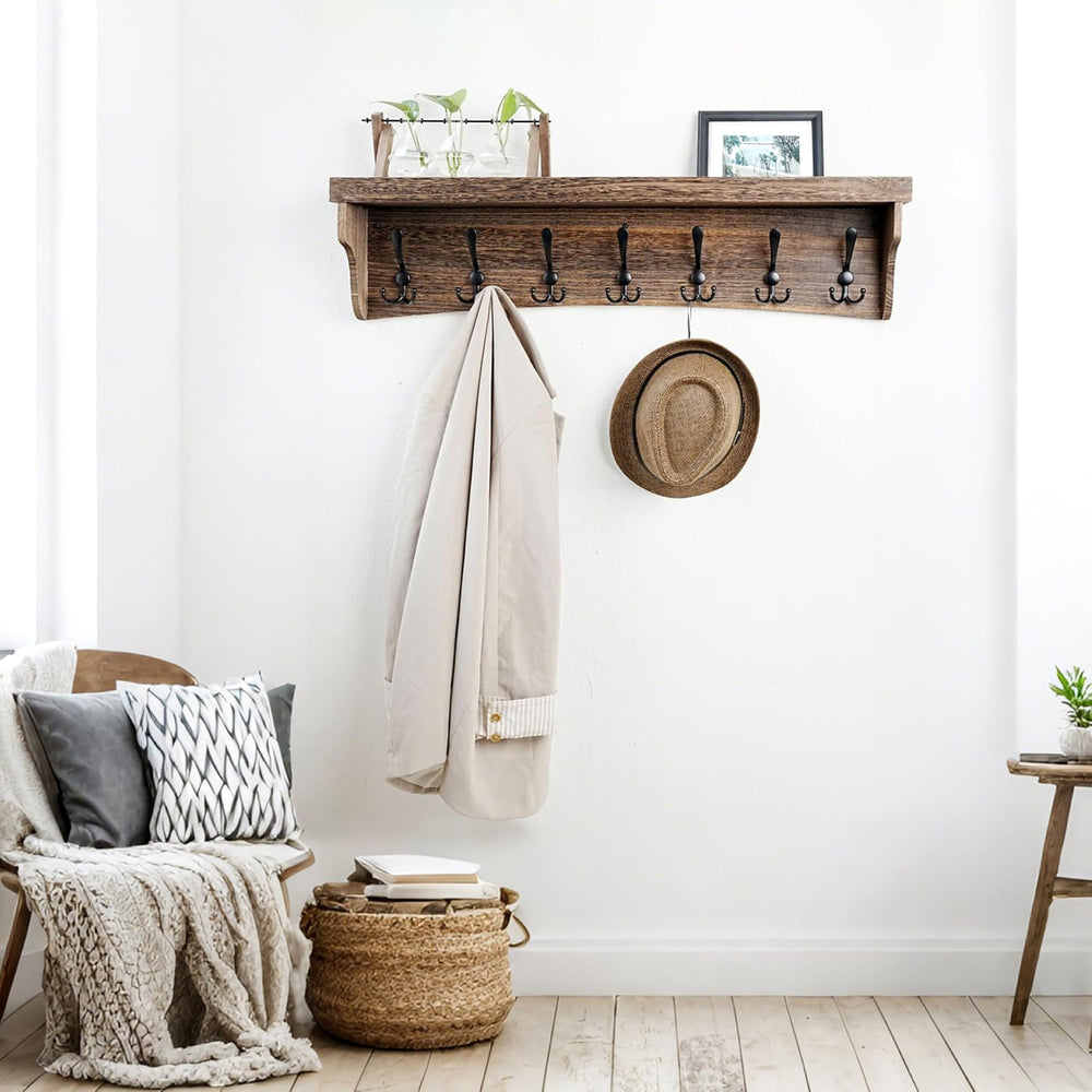 WEBI Rustic Coat Rack Wall Mount with Shelf,35" Long Wall Shelf with Hoo...