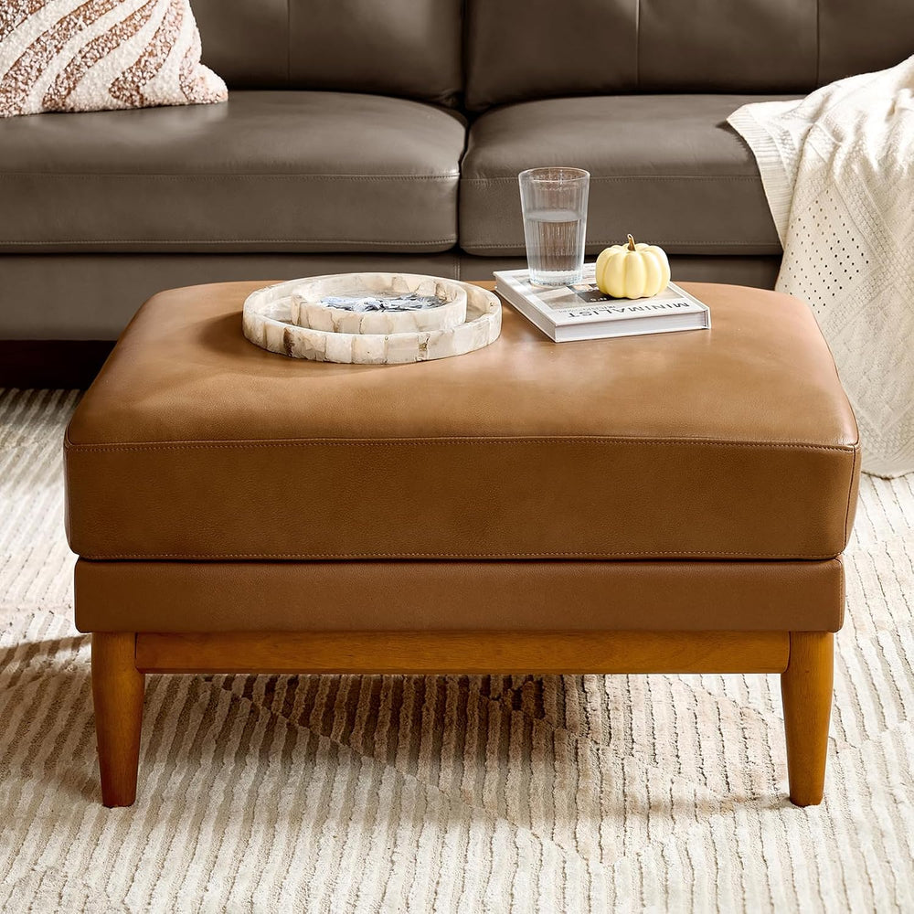 HULALA HOME Genuine Leather Ottoman Coffee Table, Foot Stools Ottoman with So...