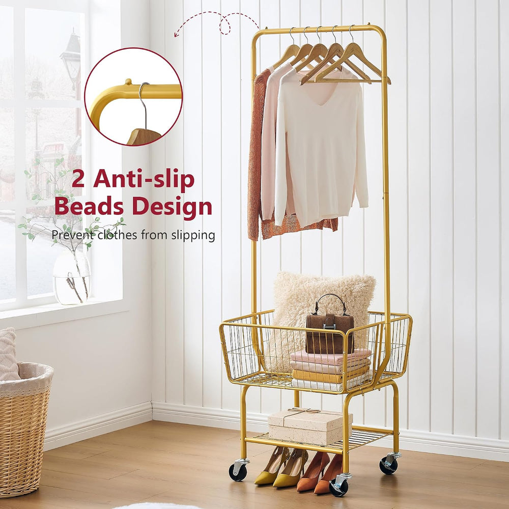Tajsoon Rolling Laundry Cart with Hanging Rack & Laundry Basket, Gold