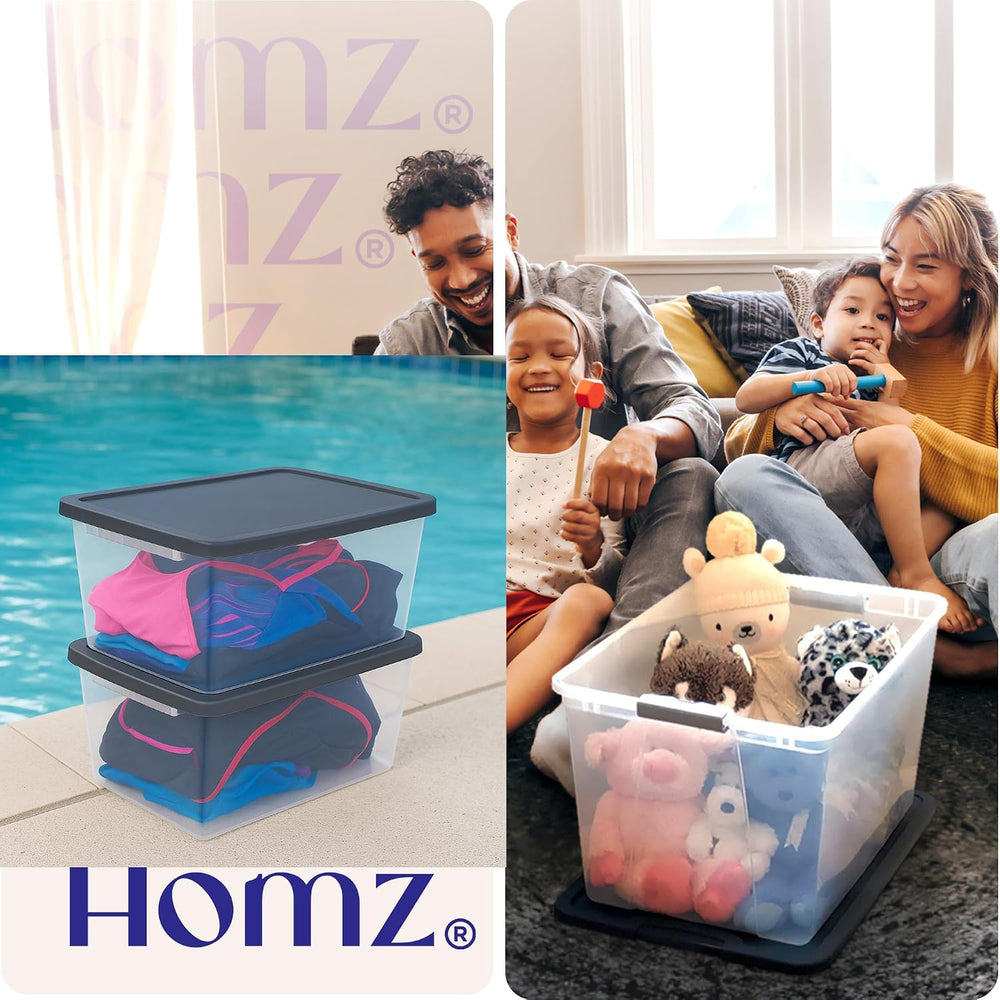 HOMZ 2-Pack Snaplock, Large Clear Plastic Storage Organizer Bins w/Lids, 56 Q...