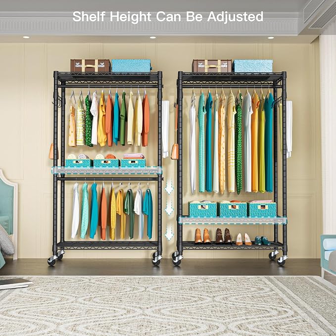 FUTASSI P1 Heavy Duty Garment Rack, 3 Tiers Adjustable Rolling Metal Closet
