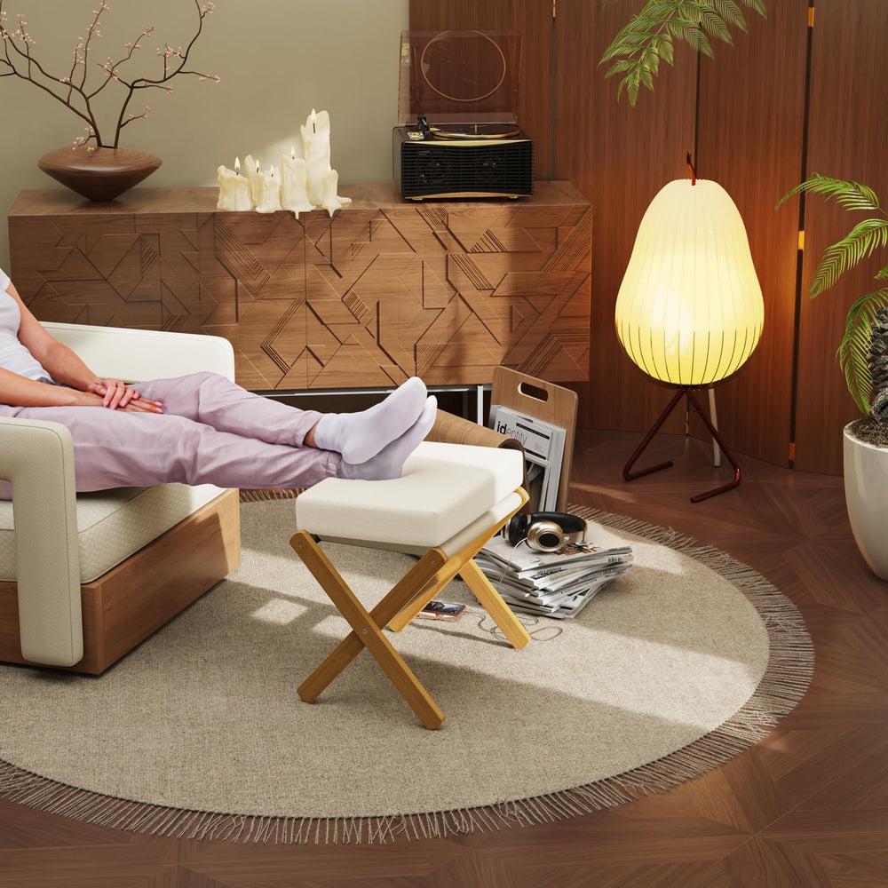 BAMBOOHOMIE Foldable Foot Stool Ottoman, Modern Foot Rest with Bamboo X Legs ...